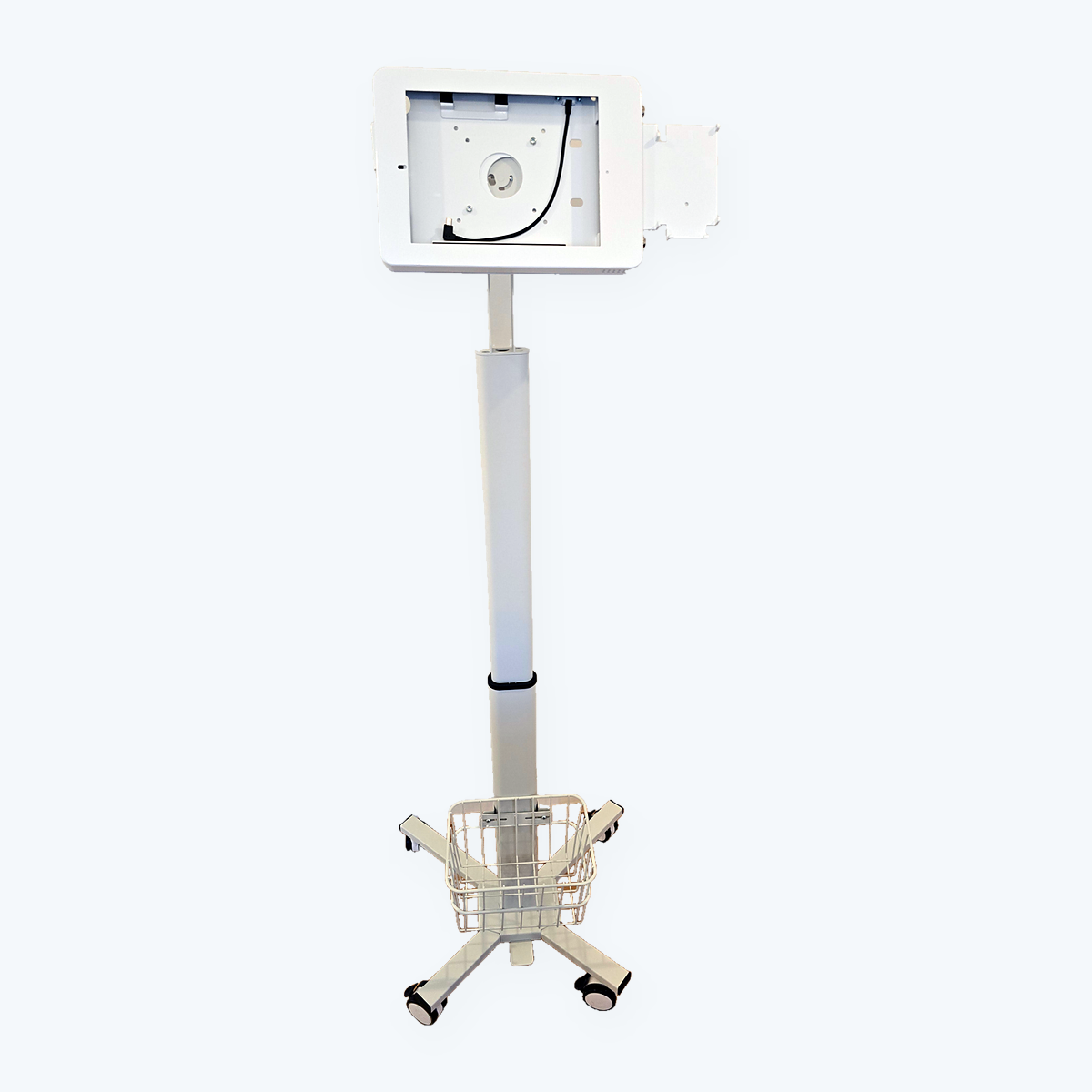iK6-W Freestanding iPad kiosk – White, wheeled base with basket