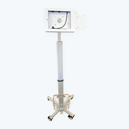 iK6-W Freestanding iPad kiosk – White, wheeled base with basket