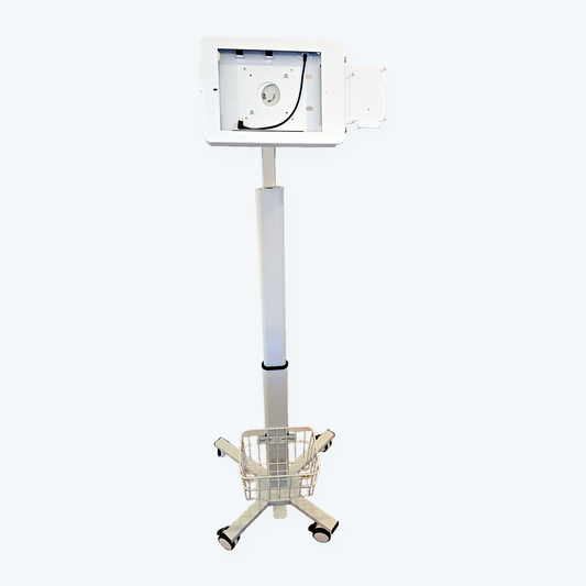 iK6-W Freestanding iPad kiosk – White, wheeled base with basket